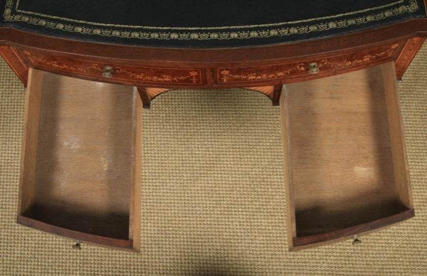 Antique Edwardian Regency Style Inlaid Mahogany & Leather Bow Front Ladies Writing Table Desk by S & H Jewell of London (Circa 1910) - yolagray.com
