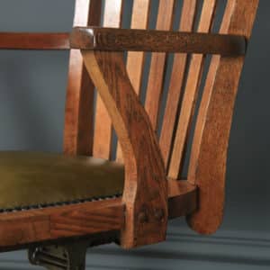 Antique American Edwardian Oak & Green Leather Revolving Office Desk Arm Chair by Heywood Brothers & Wakefield Co., (Circa 1910) - yolagray.com