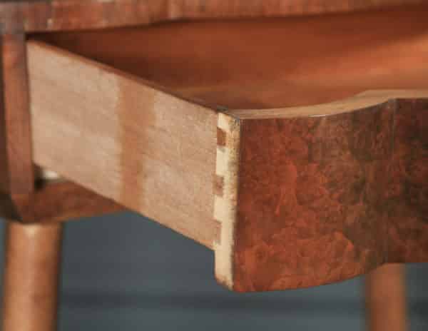 Antique English Art Deco Burr Walnut Bowed Bedside / Occasional Side Table (Circa 1930) - yolagray.com