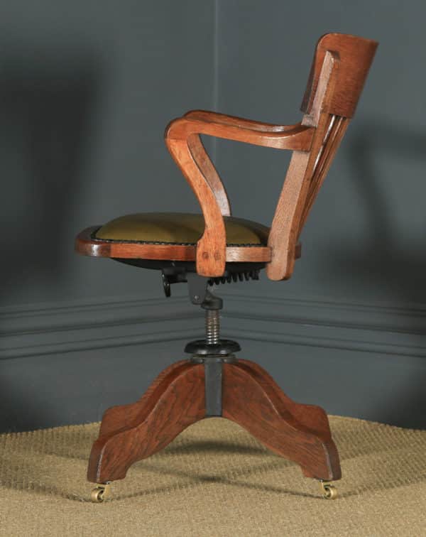 Antique English Edwardian Solid Oak & Green Leather Revolving Office Desk Arm Chair By William Angus & Co. (Circa 1910) - yolagray.com