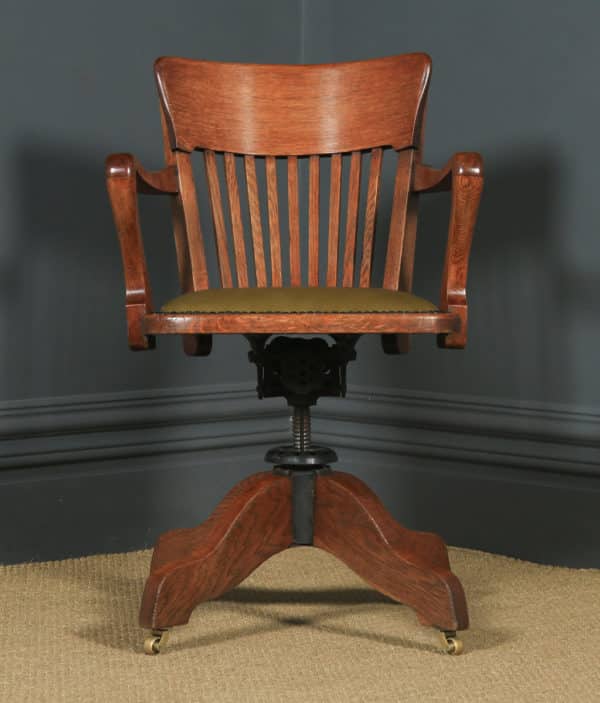 Antique English Edwardian Solid Oak & Green Leather Revolving Office Desk Arm Chair By William Angus & Co. (Circa 1910) - yolagray.com