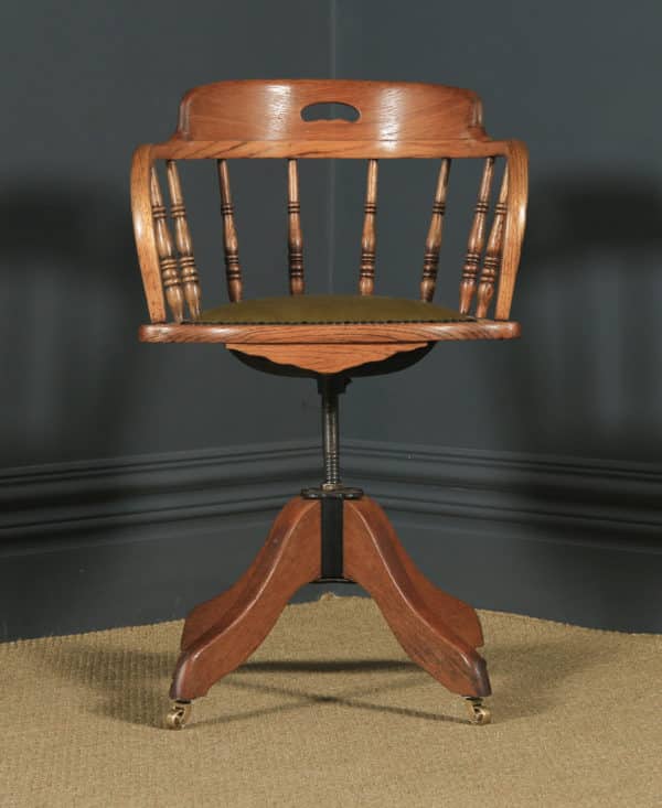Antique English Victorian Solid Ash & Oak Green Leather Revolving Office Desk Arm Chair (Circa 1895) - yolagray.com