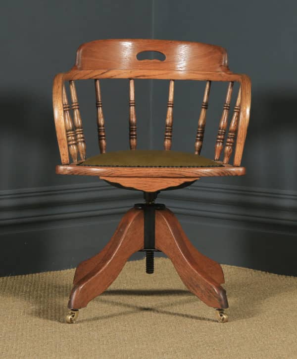 Antique English Victorian Solid Ash & Oak Green Leather Revolving Office Desk Arm Chair (Circa 1895) - yolagray.com