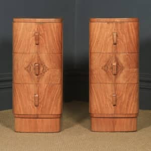 Antique English Pair of Art Deco Figured Walnut Bow Front Bedside Chests Tables Nightstands (Circa 1930) - yolagray.com