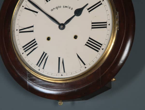 Antique 16" Mahogany Anglo Swiss Railway Station / School Round Dial Wall Clock (Chiming) - yolagray.com