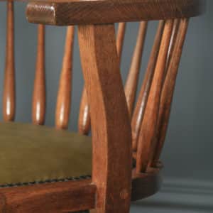 Antique English Edwardian Oak & Green Leather Revolving Swivel Office Desk Arm Chair (Circa 1910) - yolagray.com