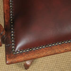 Antique English Edwardian Aesthetic Oak & Red Leather Revolving Office Desk Arm Chair (Circa 1910) - yolagray.com