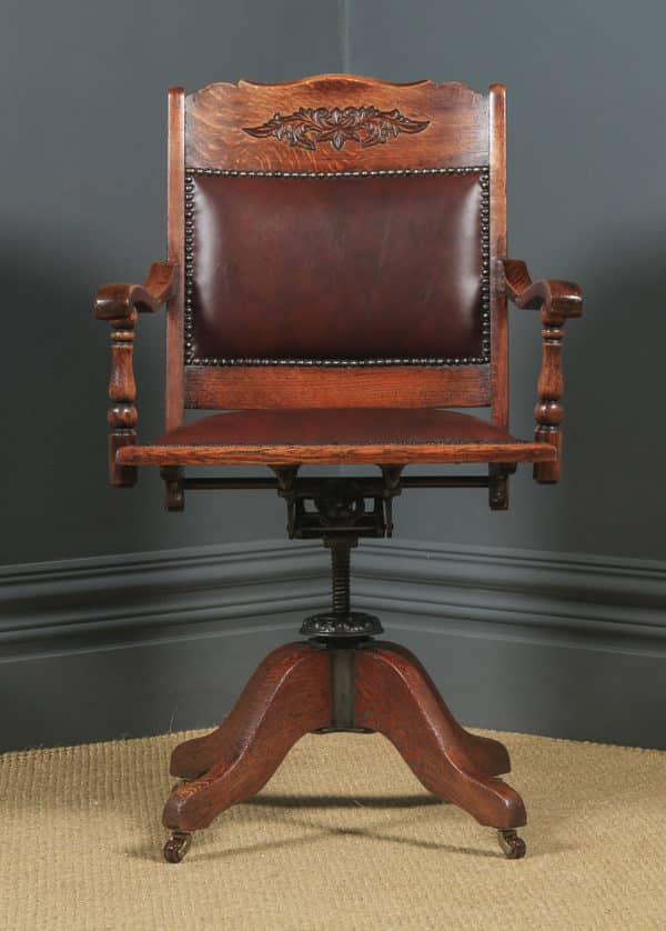 Antique English Edwardian Aesthetic Oak & Red Leather Revolving Office Desk Arm Chair (Circa 1910) - yolagray.com