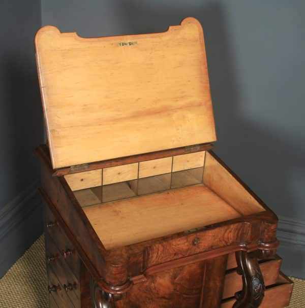 Antique English Victorian Burr Walnut Davenport Writing Desk (Circa 1860) - yolagray.com