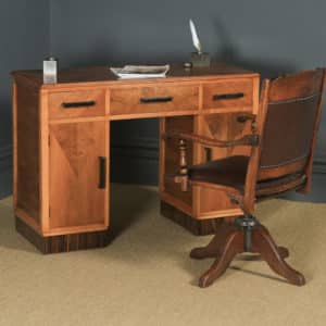 Antique English Art Deco Ruhlmann Style Figured Walnut & Macassar Ebony Office Pedestal Desk (Circa 1940) - yolagray.com