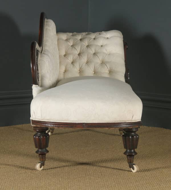 Antique English Victorian Mahogany Upholstered Chaise Longue Sofa Couch (Circa 1860) - yolagray.com