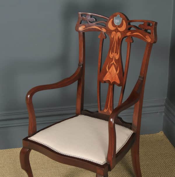 Antique English Edwardian Art Nouveau / Jugendstil Marquetry Inlaid Mahogany Occasional Salon Carver Arm Chair (Circa 1910) - yolagray.com