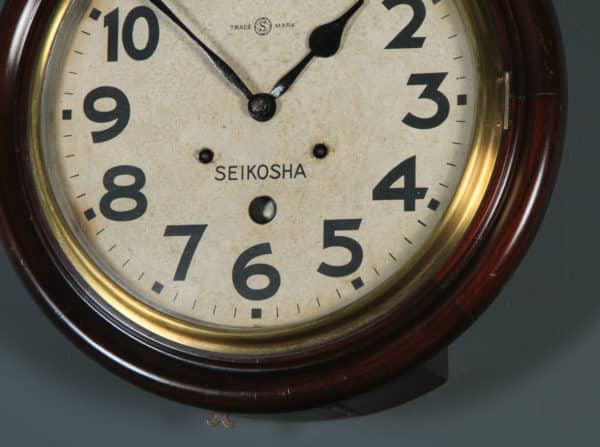 Antique 16" Seikosha Mahogany Railway Station / School Round Dial Wall Clock (Chiming) - yolagray.com
