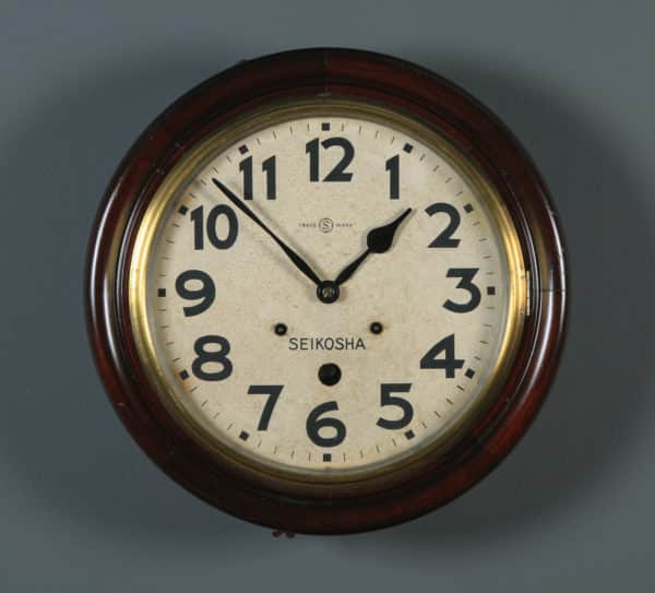 Antique 16" Seikosha Mahogany Railway Station / School Round Dial Wall Clock (Chiming) - yolagray.com