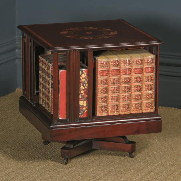 Small Antique English Edwardian Mahogany & Satinwood Inlaid Revolving Bookcase Stand / Table (Circa 1910) - yolagray.com