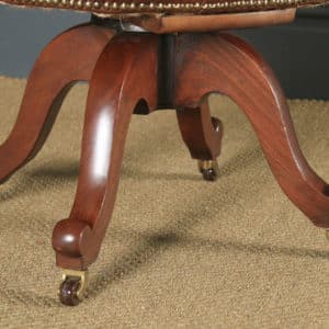 Antique English Victorian Mahogany & Brown Leather Revolving Office Desk Chair (Circa 1880) - yolagray.com