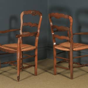 Antique French Set of 12 Louis XV Style Oak Ladder Back Rush Seat Kitchen Dining Chairs (Circa 1920) - yolagray.com