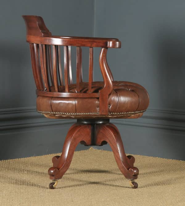 Antique English Victorian Mahogany & Brown Leather Revolving Office Desk Chair (Circa 1880) - yolagray.com