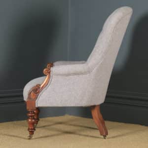 Antique English Victorian Mahogany Grey Upholstered Armchair (Circa 1870) - yolagray.com