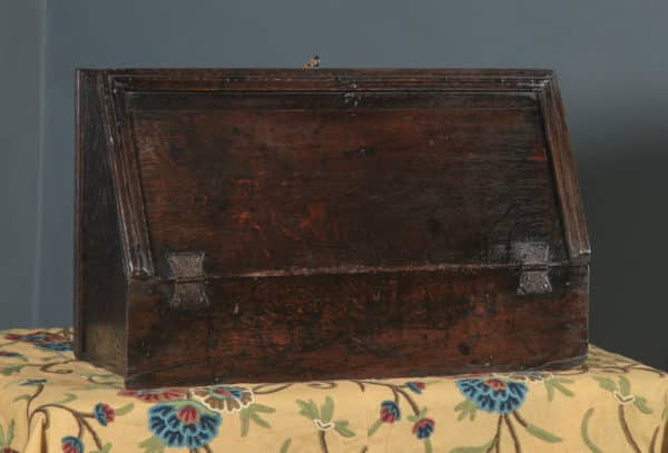 Antique English 18th Century Solid Oak Carved Sloped Writing Box / Trunk / Chest (Circa 1700) - yolagray.com