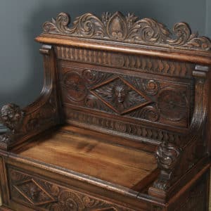 Antique English Victorian Carved Oak High Back Hall Monks Bench Settle (Circa 1870) - yolagray.com