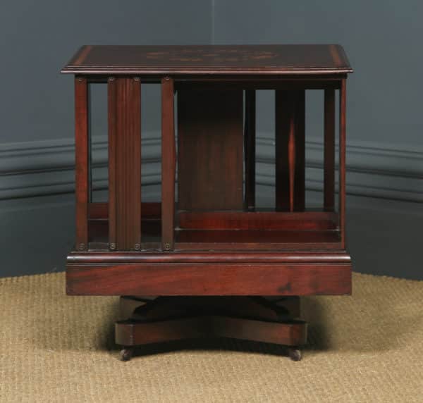 Small Antique English Edwardian Mahogany & Satinwood Inlaid Revolving Bookcase Stand / Table (Circa 1910) - yolagray.com