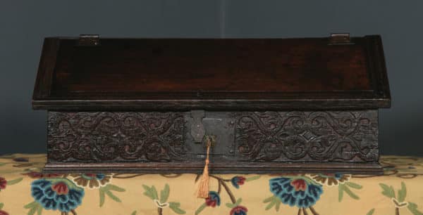 Antique English 18th Century Solid Oak Carved Sloped Writing Box / Trunk / Chest (Circa 1700) - yolagray.com
