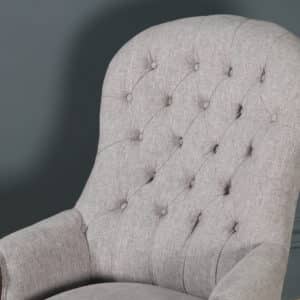 Antique English Victorian Mahogany Grey Upholstered Armchair (Circa 1870) - yolagray.com