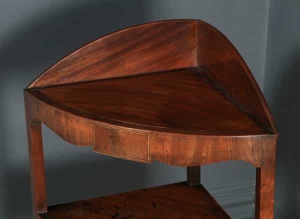 Antique English Regency Bow Front Mahogany & Inlaid Corner Display Table Whatnot Washstand (Circa 1810) - yolagray.com