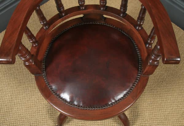 Antique English Victorian Mahogany & Burgundy Red Leather Revolving Swivel Office Desk Arm Chair (Circa 1890) - yolagray.com