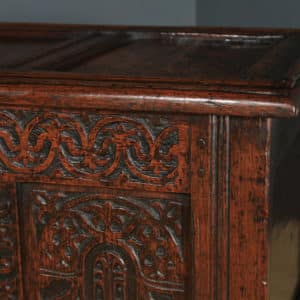 Antique English Georgian Oak Carved Triple Panel Coffer Chest Blanket Box (Circa 1730) - yolagray.com