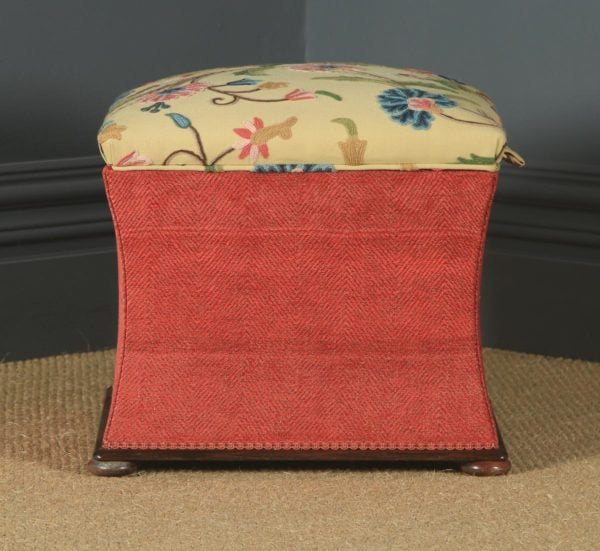 Antique English Victorian Mahogany & Crewel Work Upholstered Concave Ottoman Box Stool Trunk (Circa 1870) - yolagray.com
