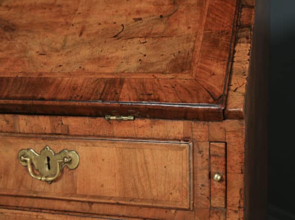 Antique English 18th Century Georgian Figured Walnut Feather Banded Bureau Desk (Circa 1730) - yolagray.com