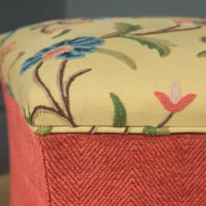 Antique English Victorian Mahogany & Crewel Work Upholstered Concave Ottoman Box Stool Trunk (Circa 1870) - yolagray.com