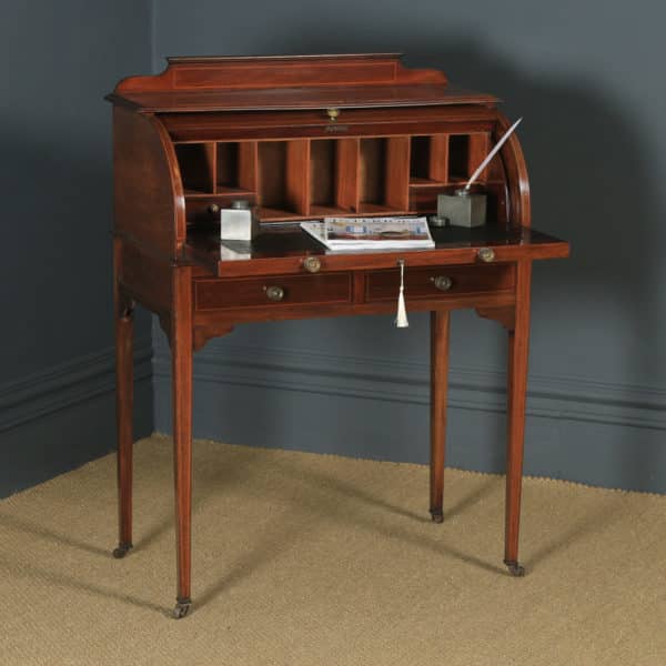 Antique English Edwardian Mahogany & Leather Cylinder Office Roll Top Writing Table / Desk (Circa 1905) - yolagray.com