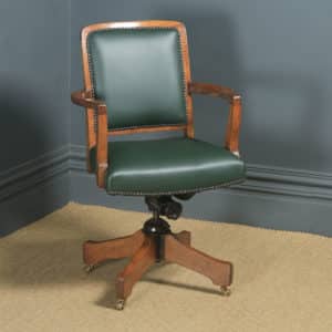 Antique English Edwardian Solid Oak & Green Leather Revolving High Back Office Desk Arm Chair (Circa 1910) - yolagray.com