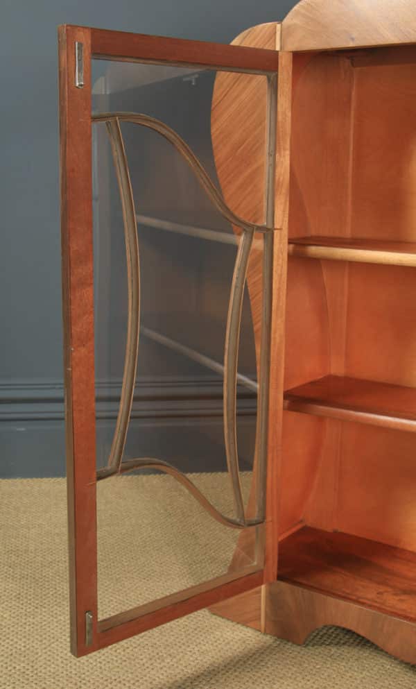 Antique English Art Deco Figured Walnut Shaped Glass China / Book Display Cabinet (Circa 1930) - yolagray.com