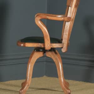 Antique English Victorian Beech & Green Leather Revolving Office Desk Arm Chair (Circa 1890) - yolagray.com