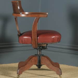 Antique English Edwardian Oak & Brown Leather Revolving Office Desk Arm Chair (Circa 1910) - yolagray.com