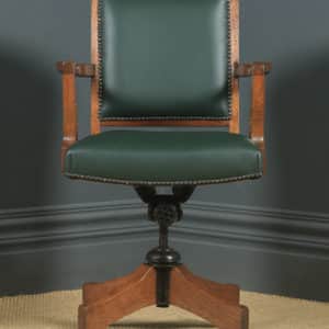 Antique English Edwardian Solid Oak & Green Leather Revolving High Back Office Desk Arm Chair (Circa 1910) - yolagray.com