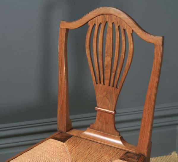 Antique Set of Six English Georgian Hepplewhite Camel Backed Walnut Provincial Kitchen Dining Chairs (Circa 1850) - yolagray.com