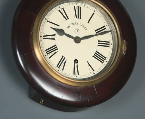 Antique 12″ Mahogany Ansonia Railway Station / School Round Dial Wall Clock (Timepiece) - yolagray.com
