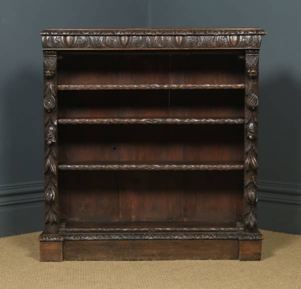 Antique English Victorian Carved Green Man Open 3½ft Bookcase Shelf (Circa 1870) - yolagray.com