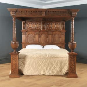 English Elizabethan Style 6ft Super King Oak Carved Four Poster Bed by Taylor & Co. (Circa 1990) - yolagray.com