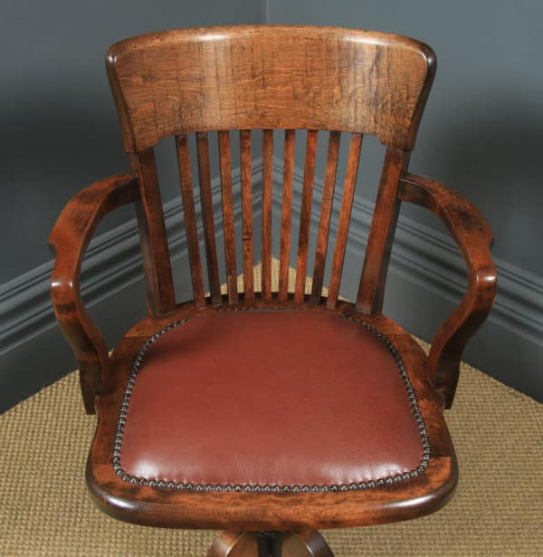 Antique English Edwardian Solid Beech & Burgundy Red Leather Revolving Office Desk Arm Chair (Circa 1910) - yolagray.com