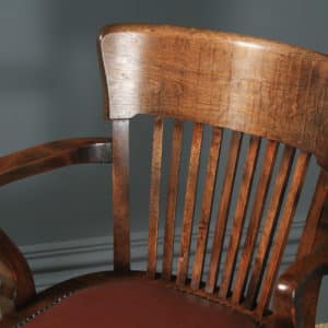Antique English Edwardian Solid Beech & Burgundy Red Leather Revolving Office Desk Arm Chair (Circa 1910) - yolagray.com