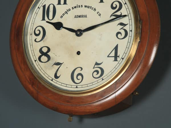 Antique 16" Mahogany Anglo Swiss Admiral Railway Station / School Round Dial Wall Clock (Timepiece) - yolagray.com