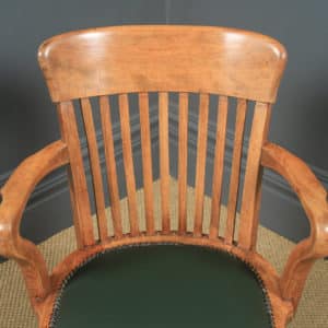 Antique English Victorian Beech & Green Leather Revolving Office Desk Arm Chair (Circa 1890) - yolagray.com