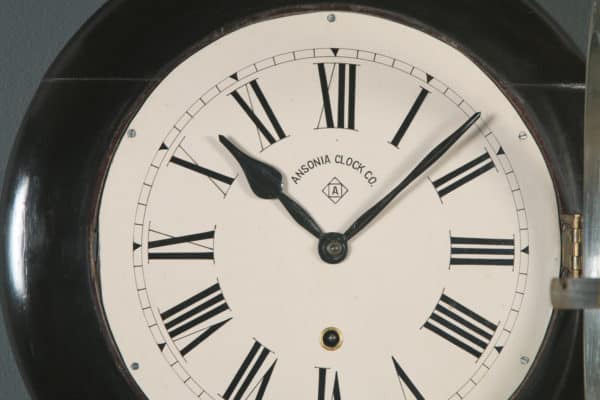 Antique 14½″ Mahogany Ansonia Railway Station / School Round Dial Wall Clock (Timepiece) - yolagray.com