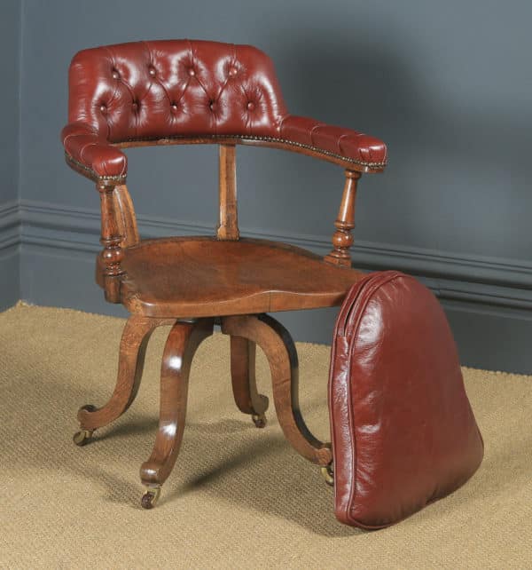 Antique English Victorian Oak & Red Leather Revolving Office Desk Arm Chair (Circa 1880) - yolagray.com